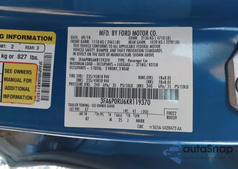 2019 Ford Fusion Hybrid Titanium из США, поврежденный, VIN 3FA6P0RU6KR119370